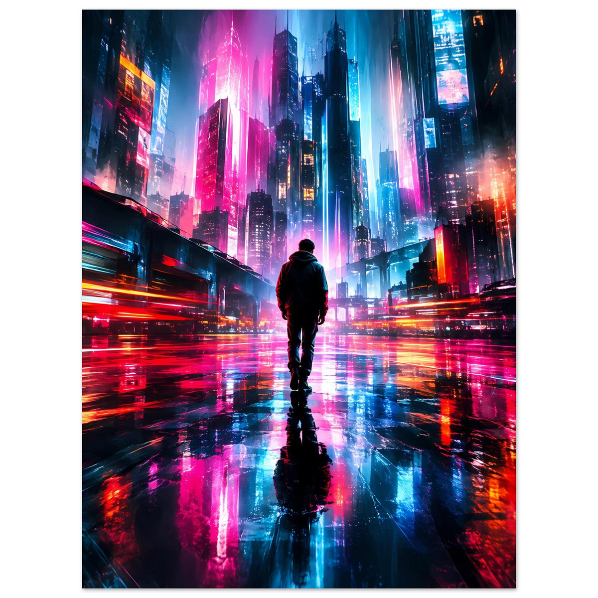 Hochformat-Cyberpunk-Poster Neonstadt: Person im Rücken, leuchtende Gebäude und Reflexionen
