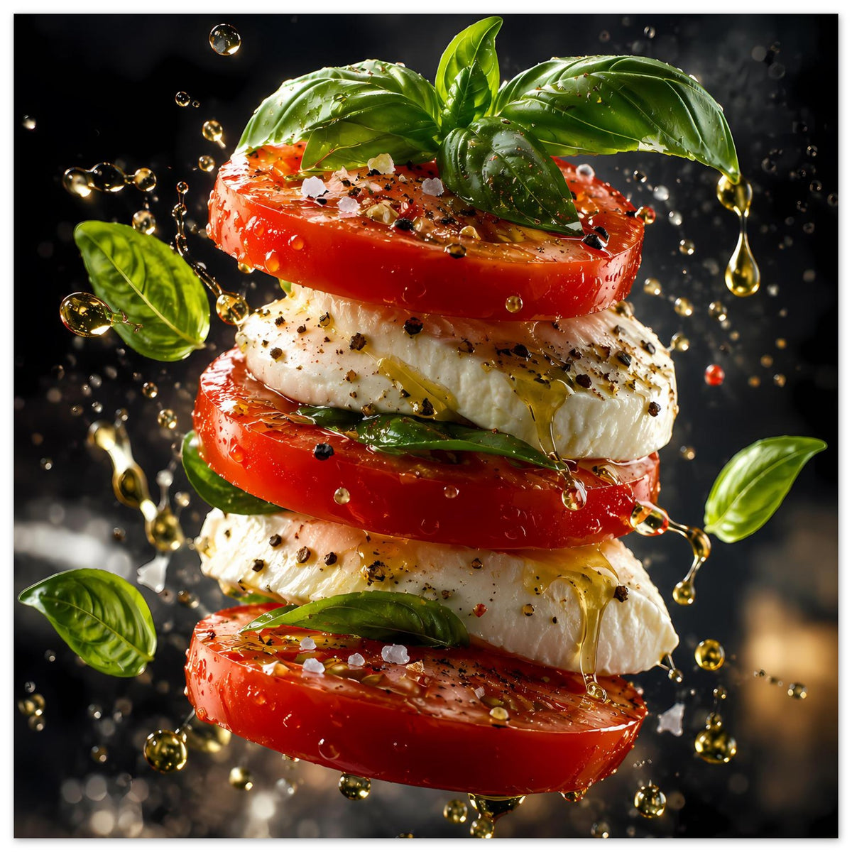 Küchenposter mit Tomate‑Käse‑Stapeln, Basilikumblättern und vielen goldenen Tropfen