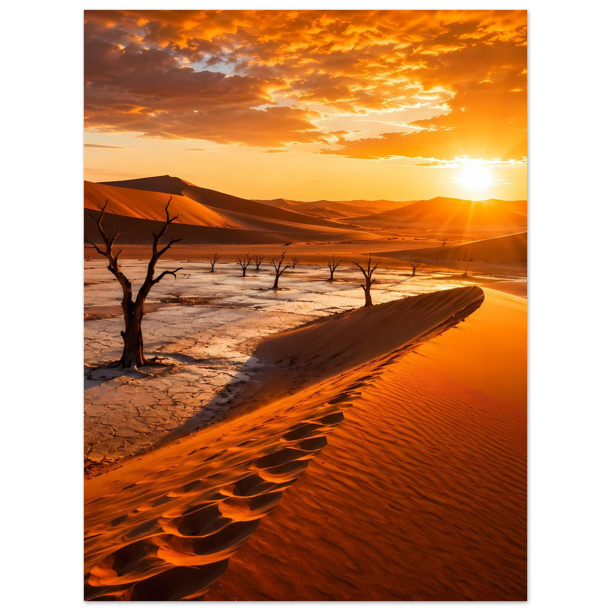 Poster Hochformat: Wüstenlandschaft mit orangefarbenem Sandkamm, Bäumen und leuchtender Sonne.