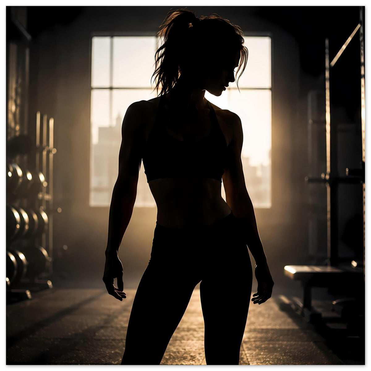 Fitness-Poster im Querformat: Sportlerin-Silhouette in Arme-nach-unten-Position, dunkel.