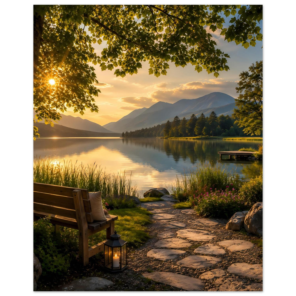 Kunstposter Blick über den See zur Bergkette, Bank am Ufer und beleuchtete Laterne