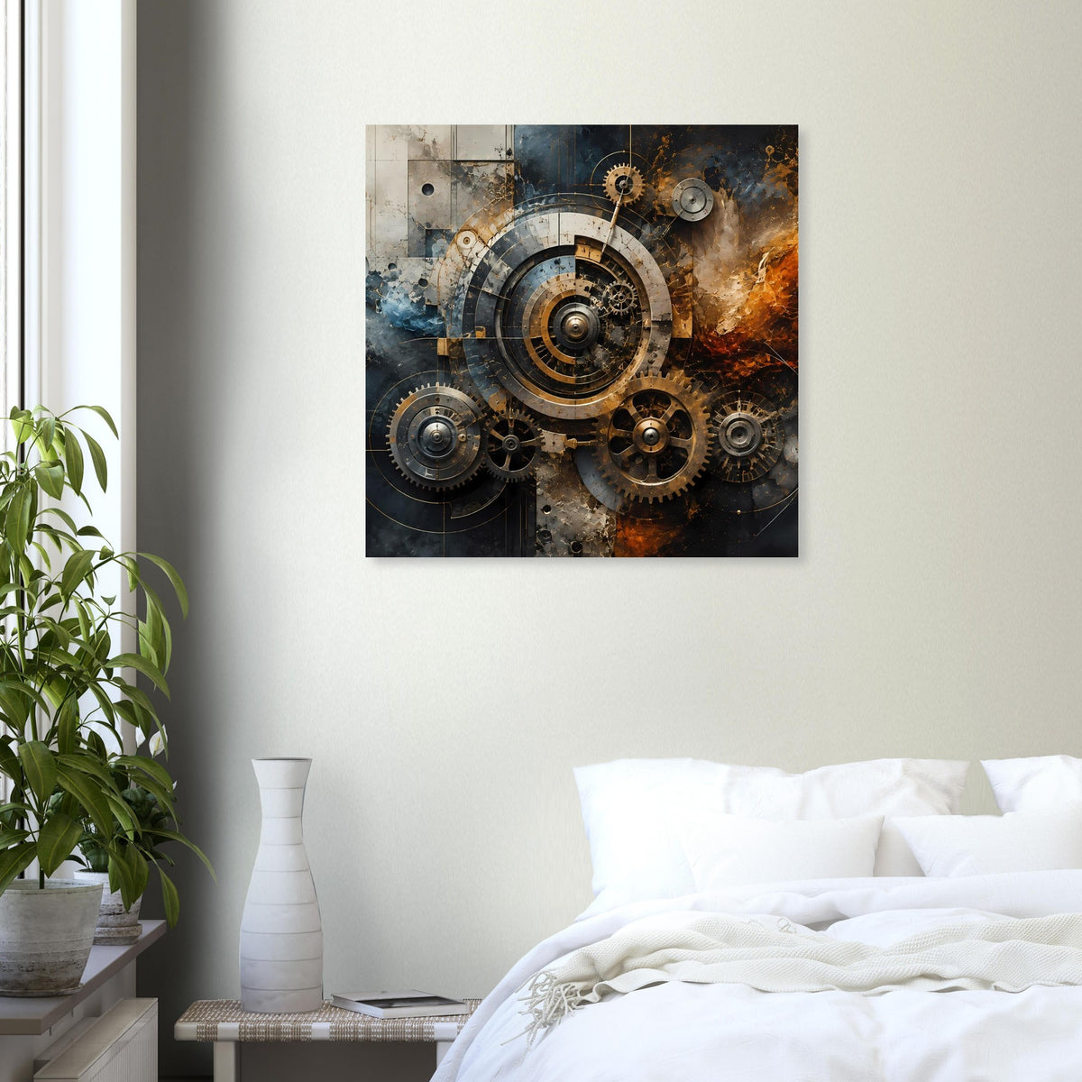 Steampunk-Poster mit Zahnrädern im Kreismuster und warmen Metallakzenten