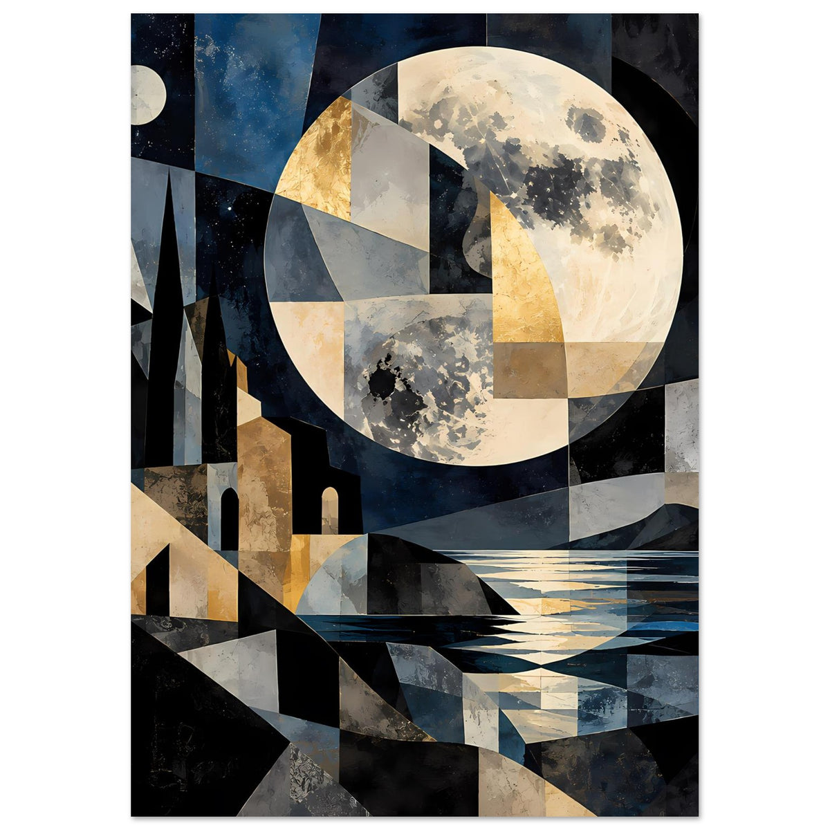 Geometrisches Poster mit großem Mond über Landschaft, Blau-Gold-Palette, Hochformat