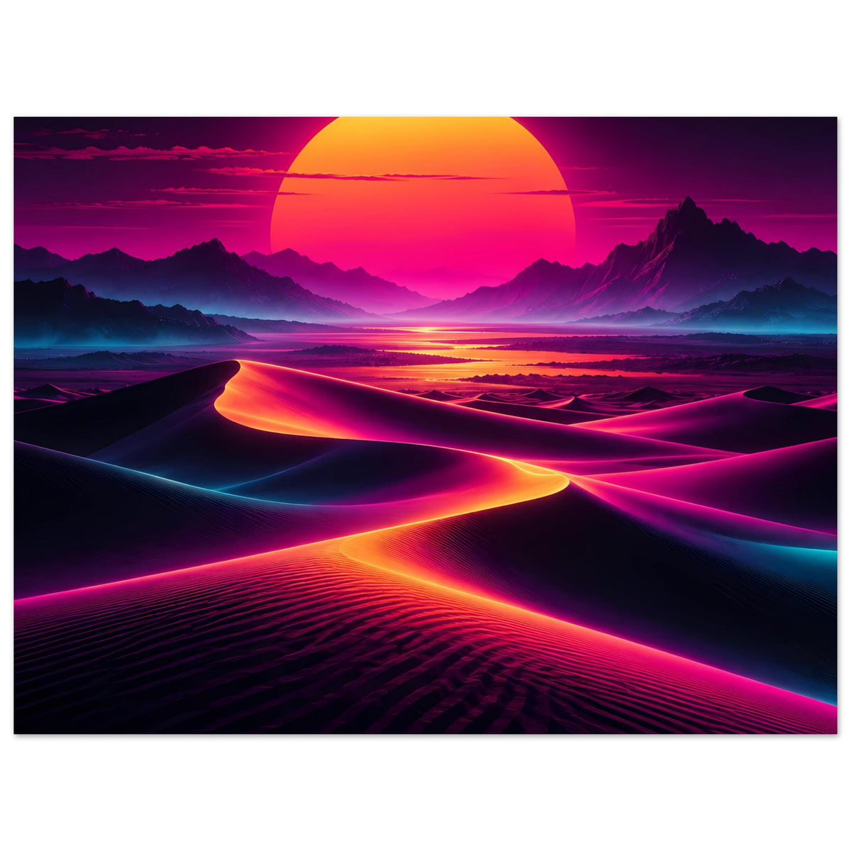 Neon-Sonnenuntergangs-Poster (Ausschnitt): orangefarbener Sonnenbogen, leuchtende Dünenkanten
