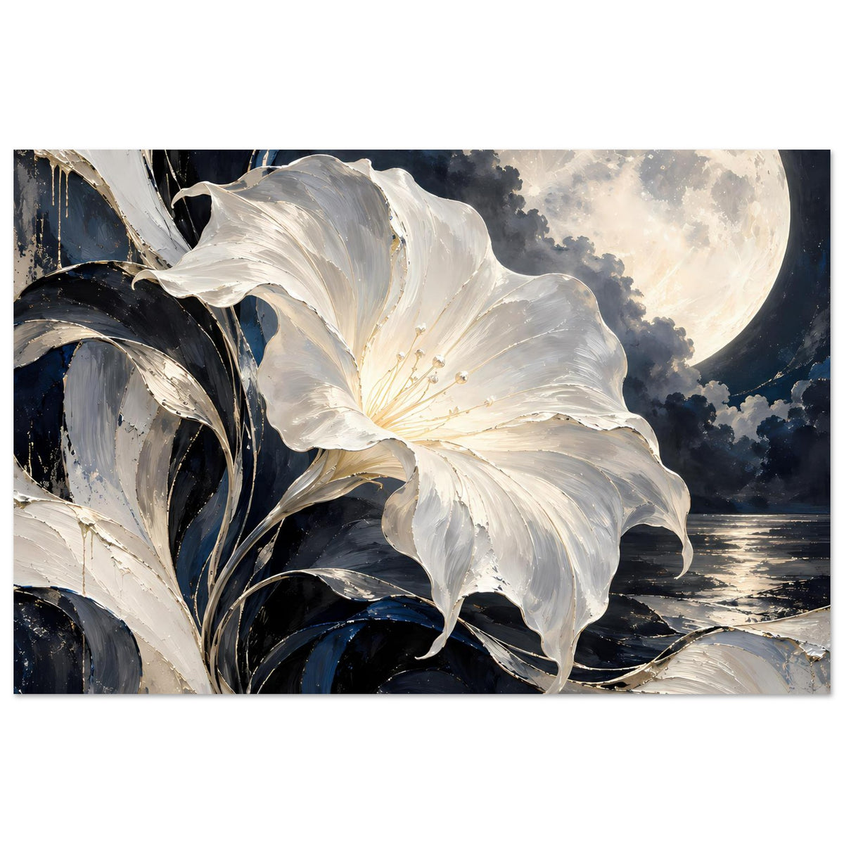 Blumenposter: weiße Blüte mit feinen Staubfäden, dunkle Stiele, heller Mond