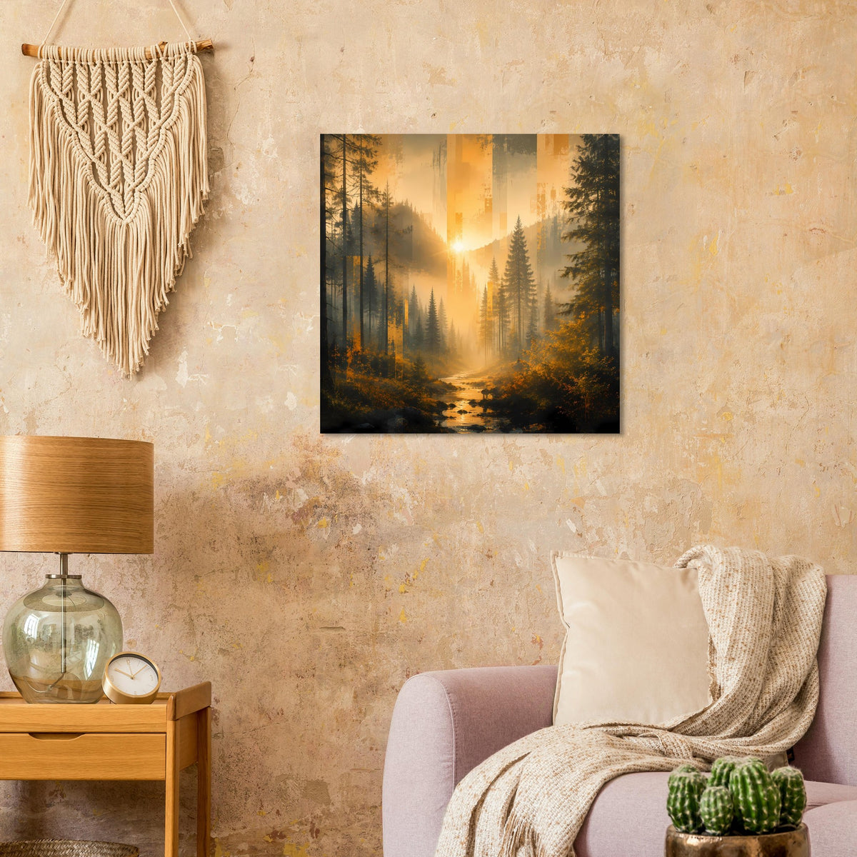 Wandposter mit Wald und Bach im Sonnenlicht, hohe Tannen und goldenes Leuchten