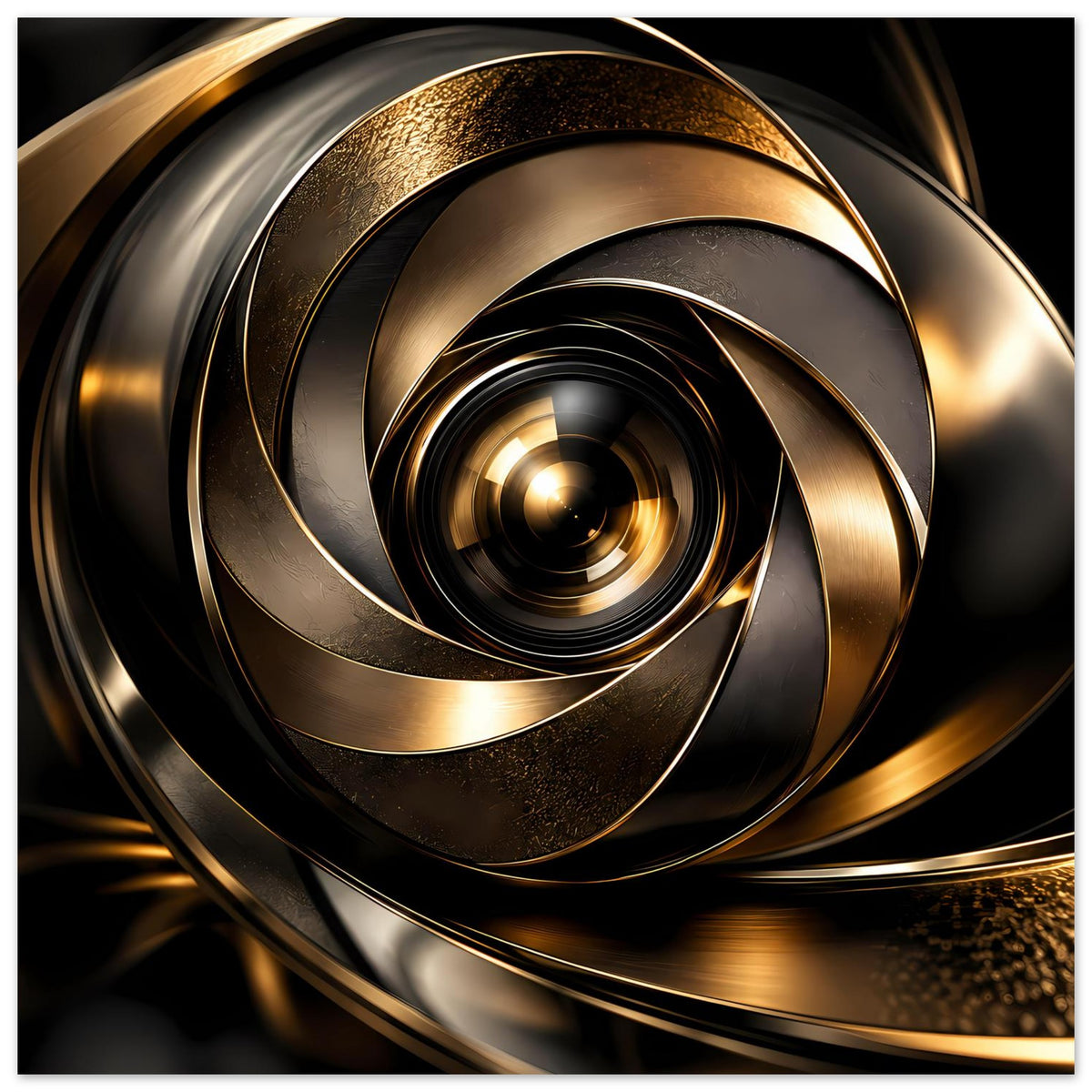 Abstraktes Poster, Nahansicht goldene Spirale mit metallischen Kreisringen auf dunkler Fläche