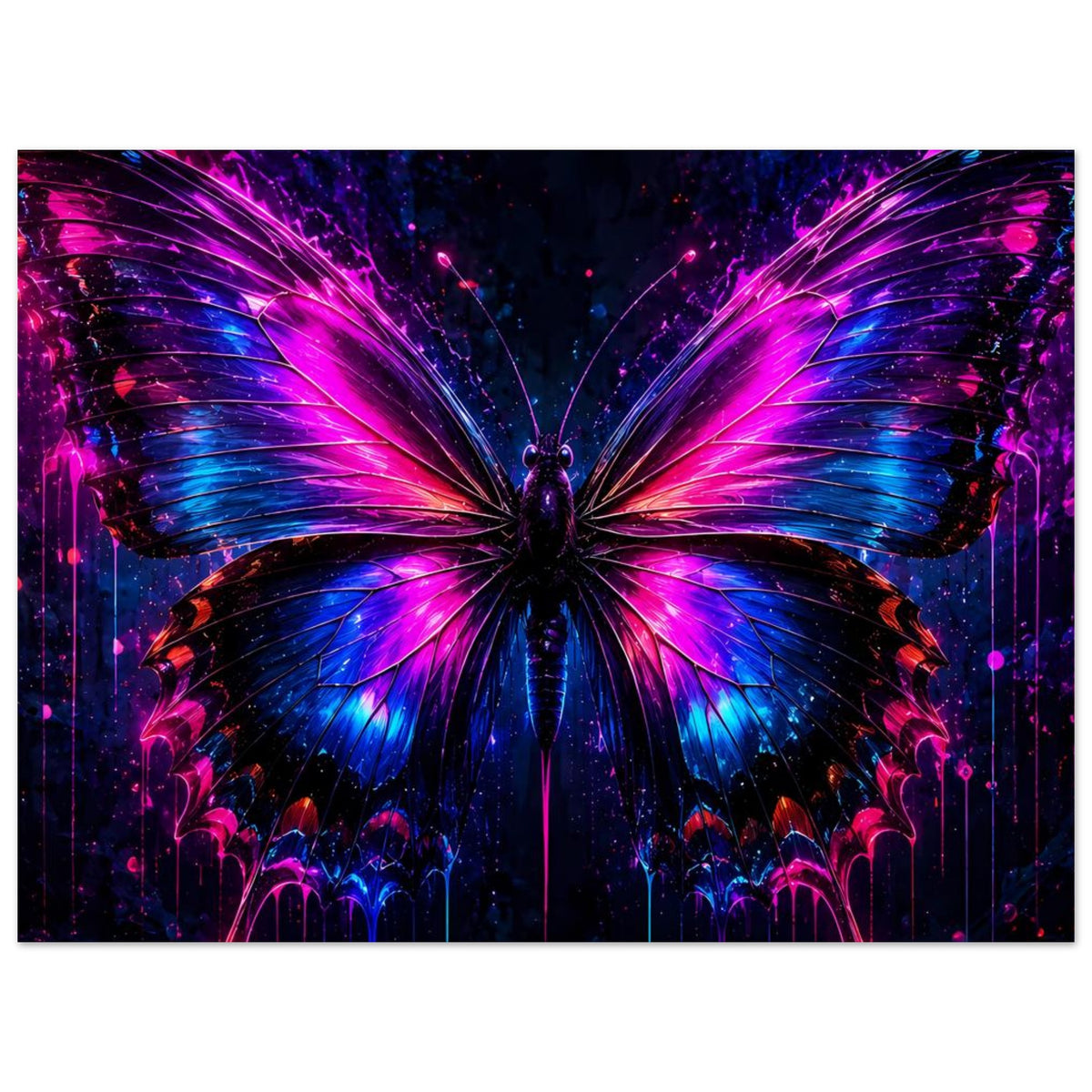 Schmetterlingsposter im Querformat mit leuchtenden Neonflügeln in Pink und Blau, zentriert