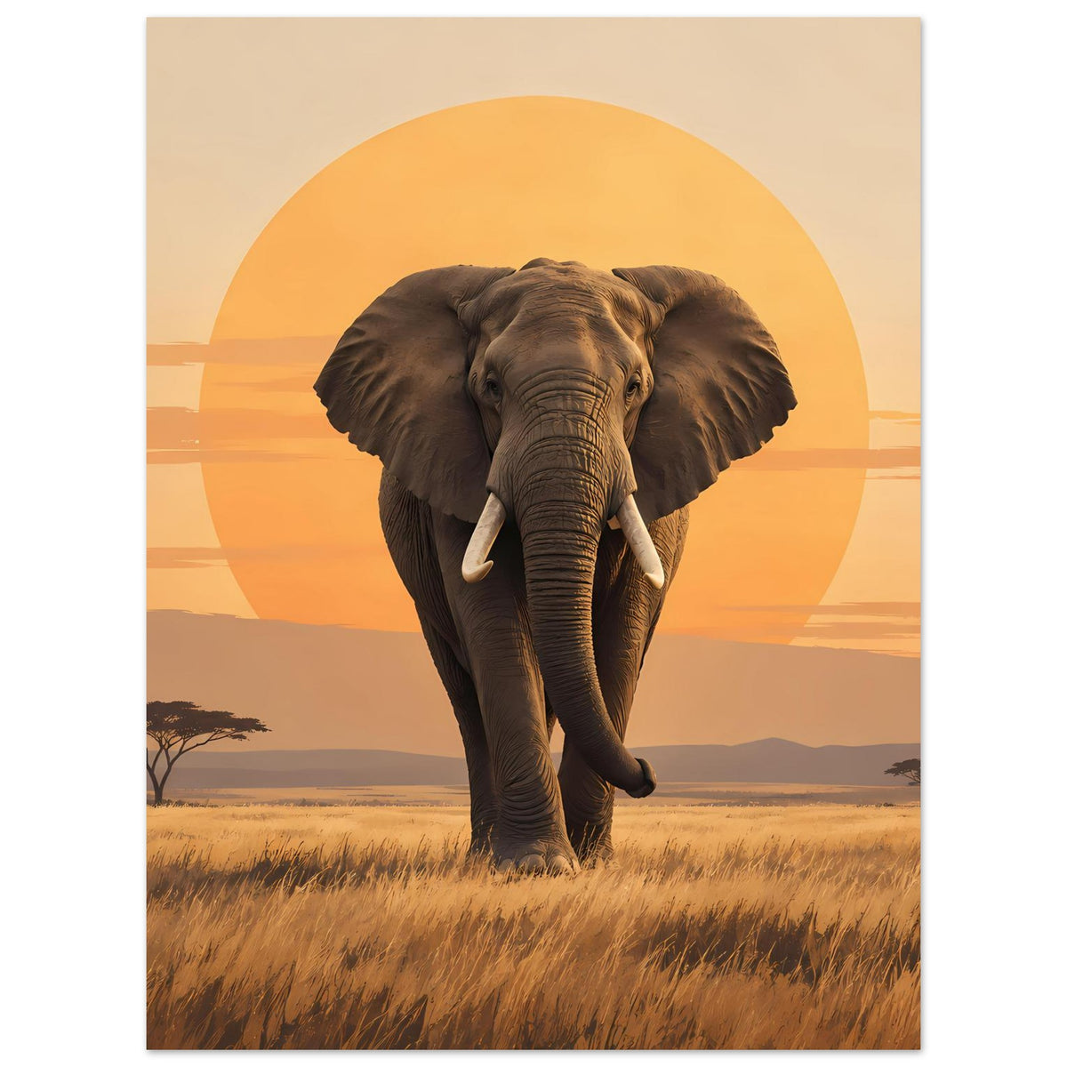Elefantenposter im Hochformat: Elefant zentriert, orangefarbener Kreis und warme Landschaftstöne