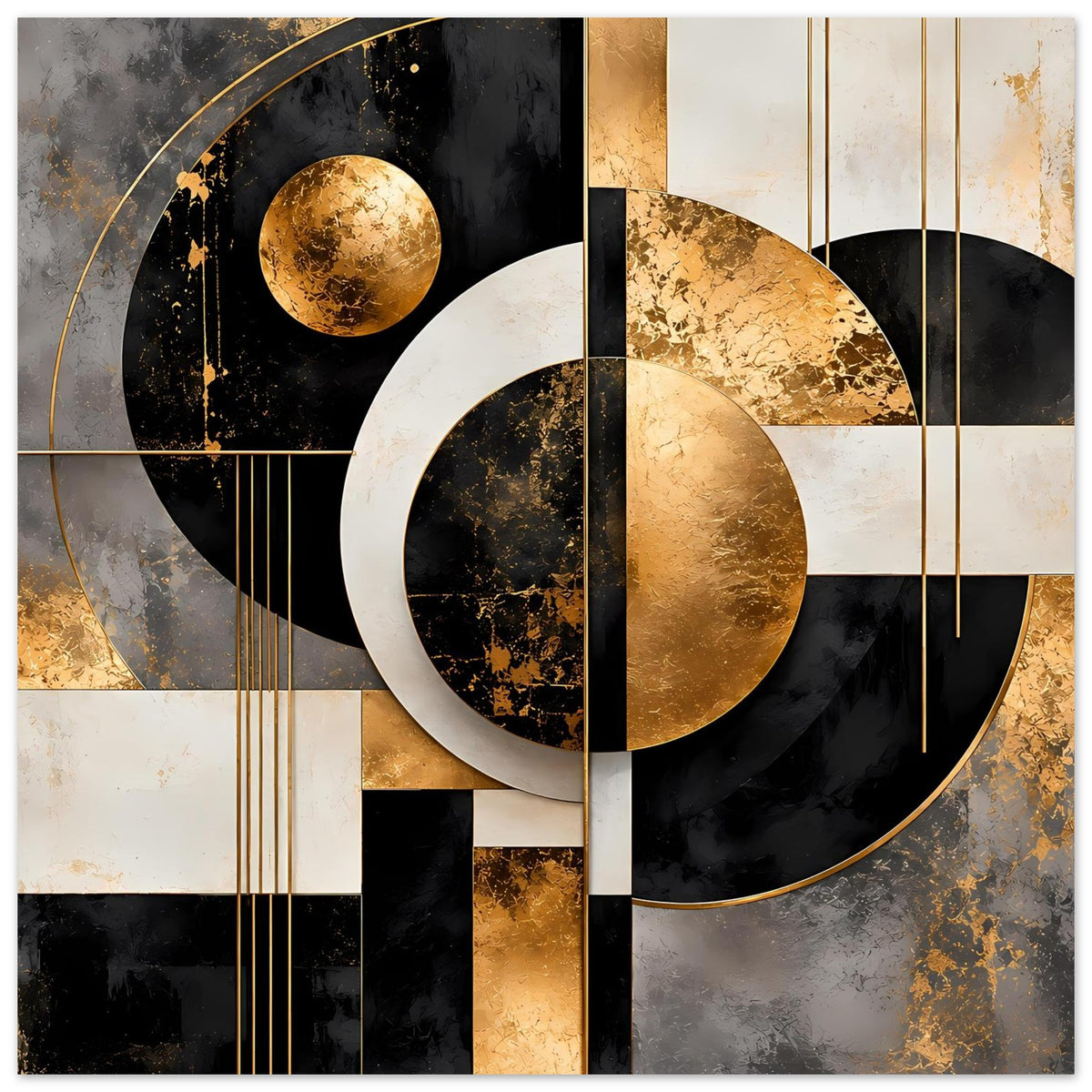 Poster mit abstrakter Kreis-Komposition in Schwarz, Gold und cremefarbenen Rechtecken