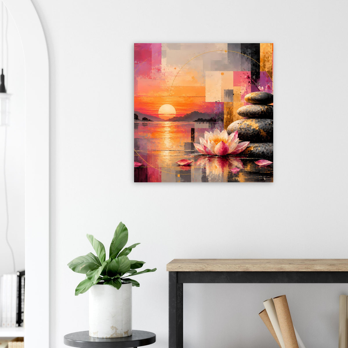 Quadratisches Poster mit Sonnenuntergang, Spiegelung auf Wasser, Lotus und Steinen, kräftige Farben