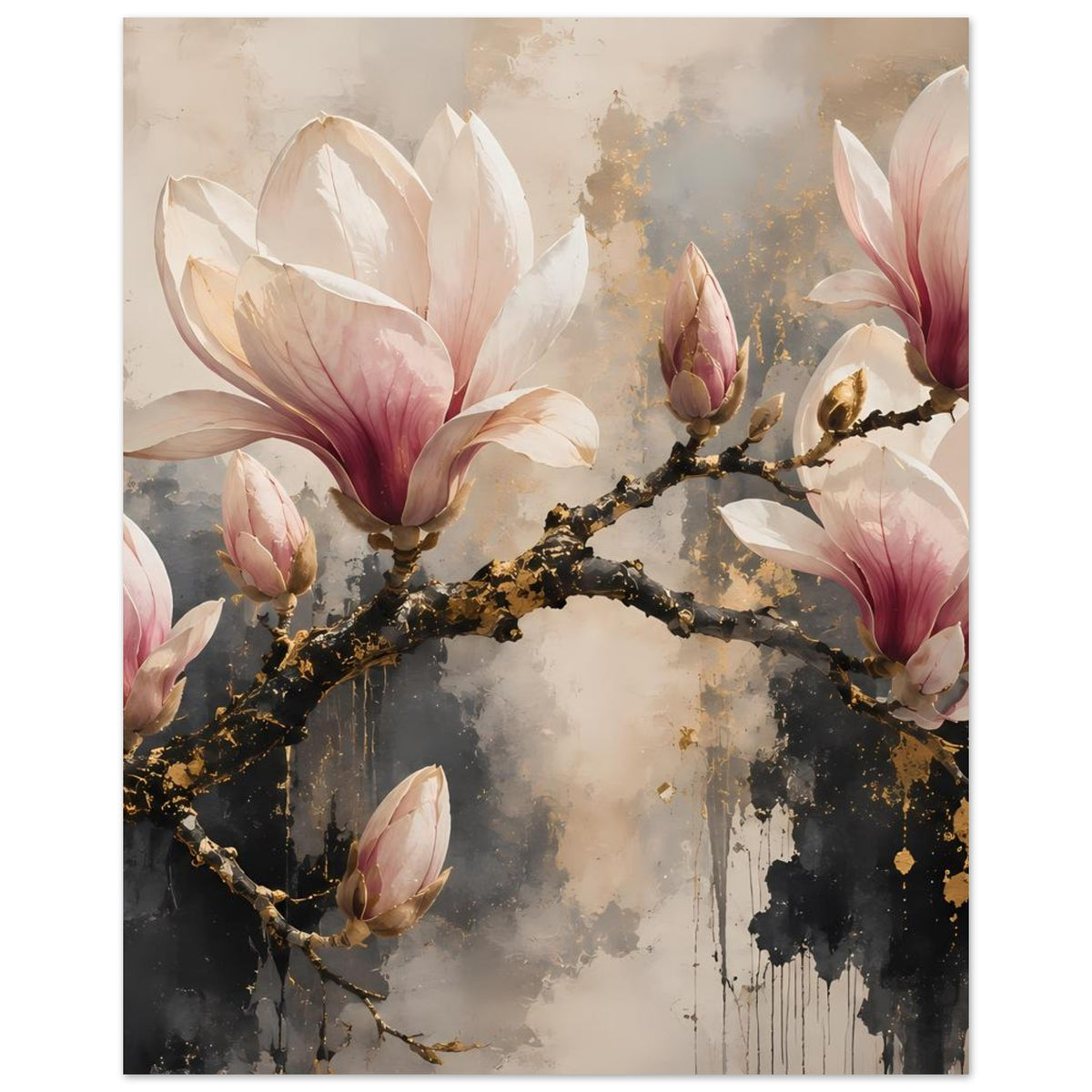 Vertikales Magnolienblüten-Poster mit goldfarbenen Ästen und großen rosa Blüten