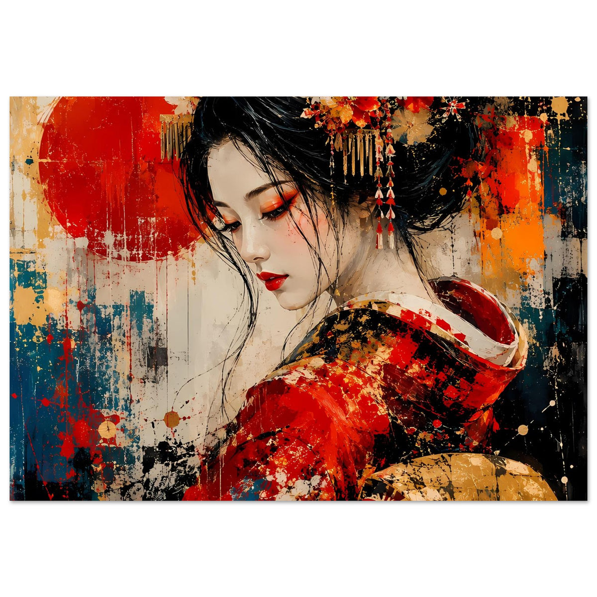 Japanisches Geisha-Poster (quer): Geisha im roten Kimono mit Blumenhaarschmuck