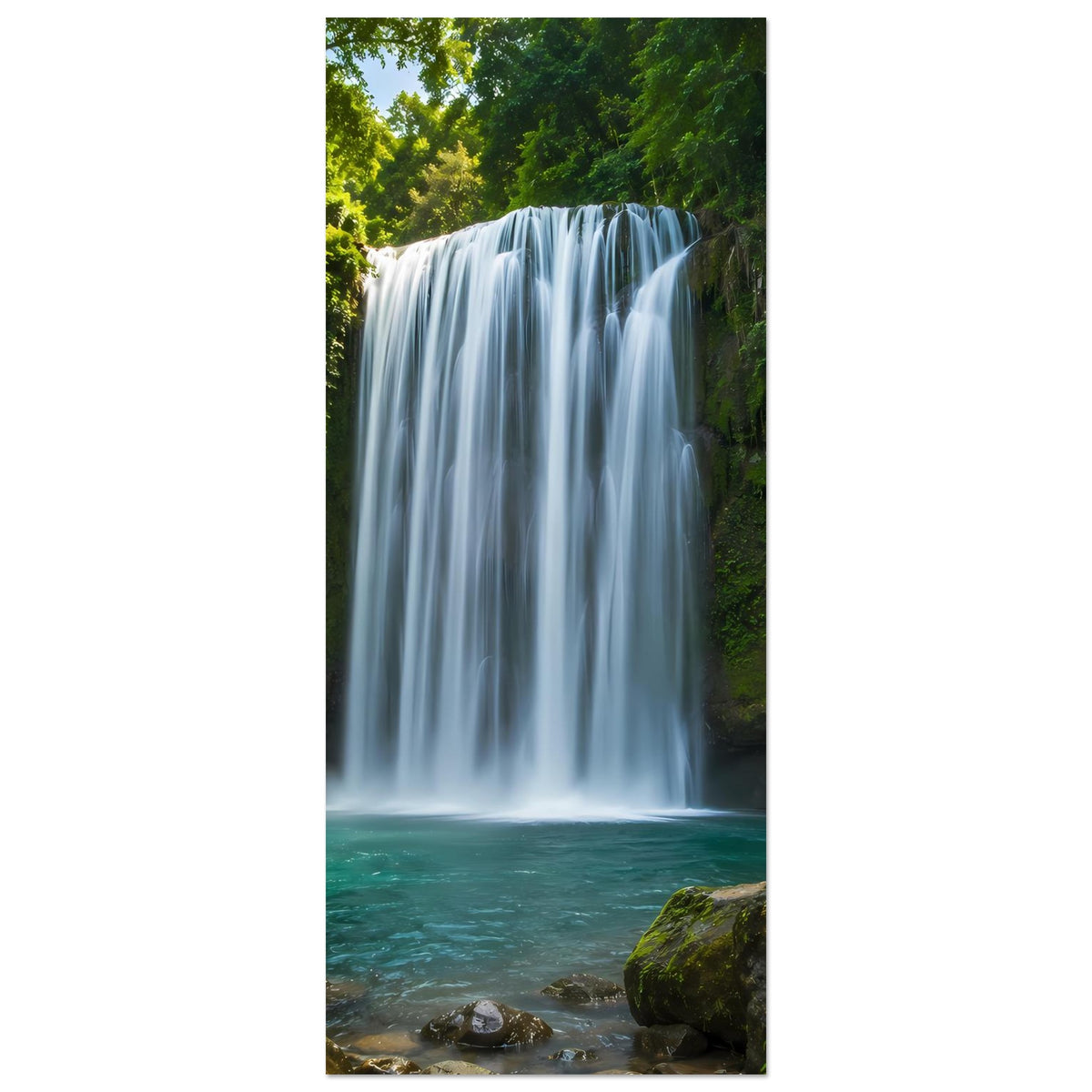 Hochkant-Poster mit Wasserfall im oberen Bildbereich und türkisfarbenem Wasser unten
