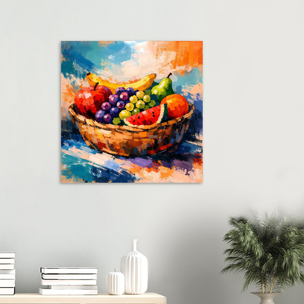 Quadratischer Poster-Print: Obstschale mit Wassermelone, Trauben und bunten Früchten