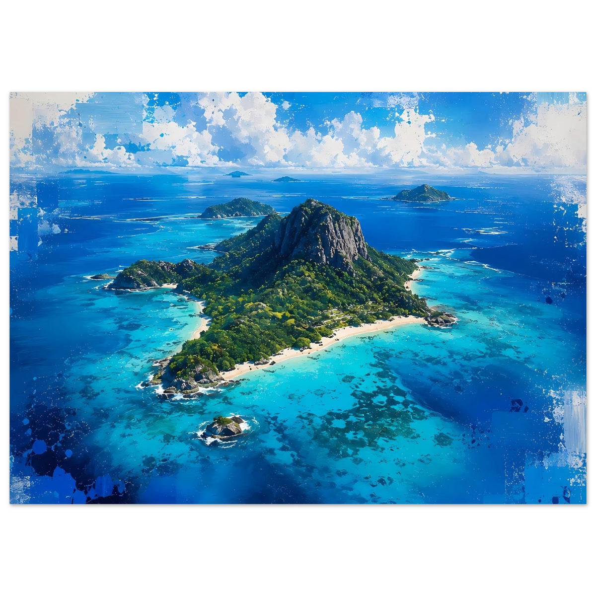 Querformat-Poster: Tropische Insel mit Felsberg, türkisfarbenem Wasser und Stränden