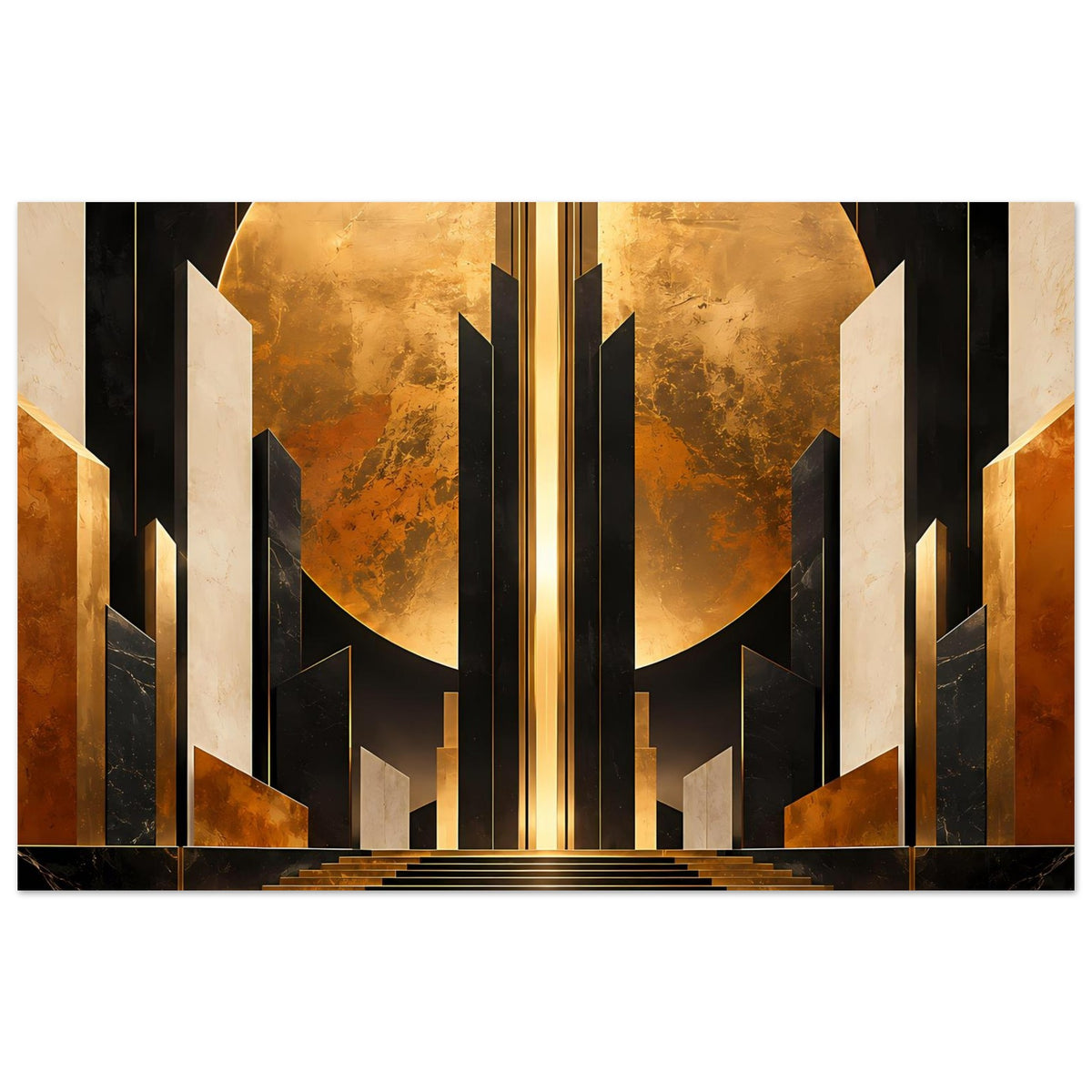 Horizontales Art-Deco-Poster mit goldenem Kreis, schwarzen Säulen und Treppenfries unten