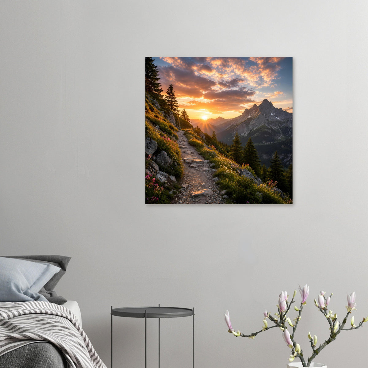 Kleines Poster an der Wand: Sonnenuntergang über Bergen mit Bergpfad durch Tannen