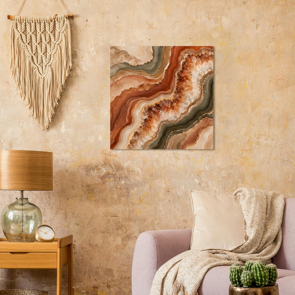 Abstraktes Geoden-Poster in Braun-, Beige- und Goldtönen mit geschichteten Linien