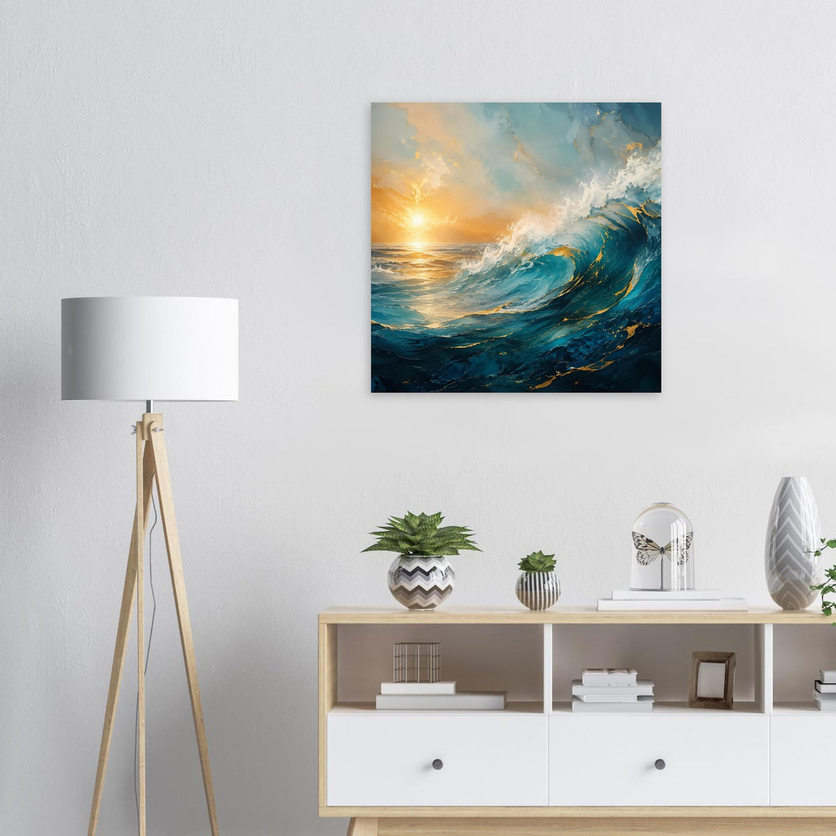 Quadratisches Poster mit Ozeanwellen und goldenem Sonnenaufgang am Horizont