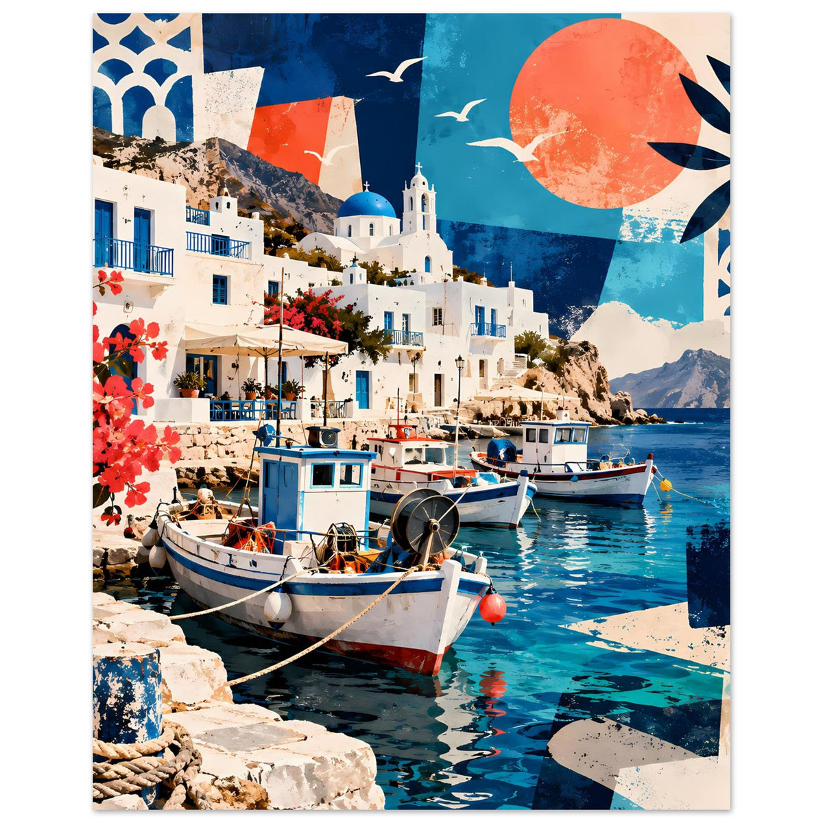 Kunstdruck mediterraner Hafen mit Booten, weißer Kirche, roter Sonne oben und Meer im Vordergrund.