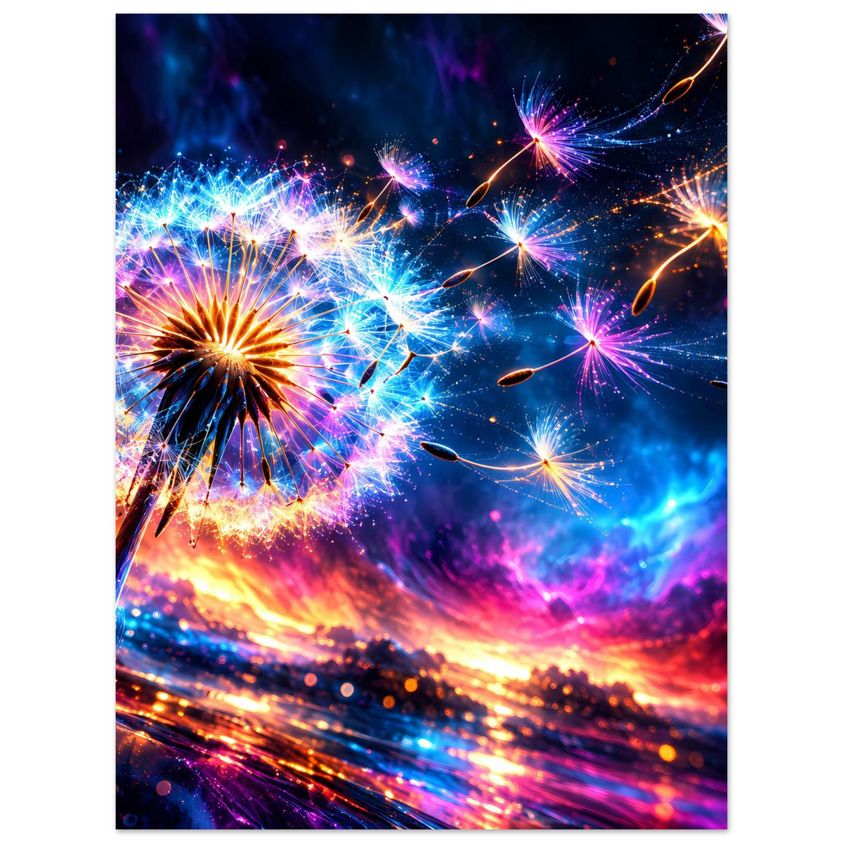 Poster, vertikal: Feuerwerksblumen in Neonblau und Magenta mit orangefarbenen Leuchtspuren