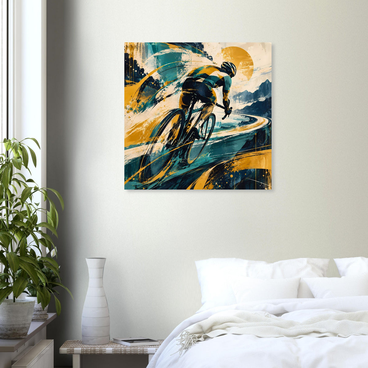 Sportposter mit Radfahrer-Szene, kräftige Blau- und Gelbtöne