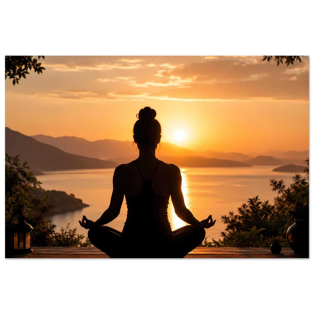Meditationsposter mit Meditierender Silhouette, Blick auf Meer im Sonnenuntergang