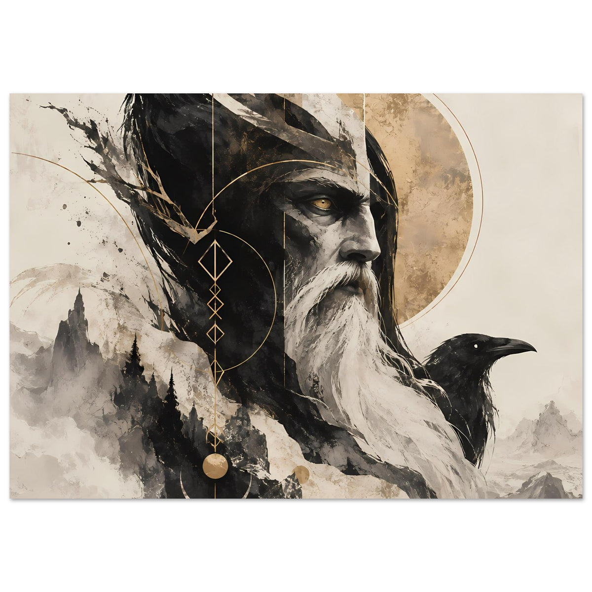 Kunstposter mit weißbärtigem Wikingerkopf, schwarzen Raben und goldenen Ornamentlinien