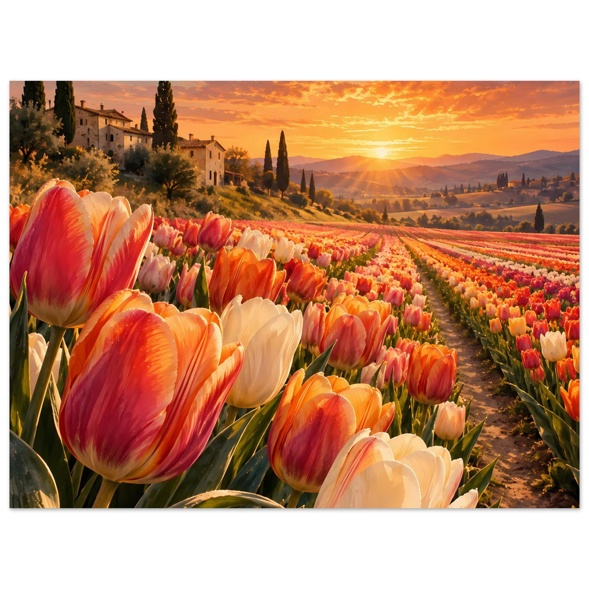 Poster: Vordergrund Tulpen in Orange und Weiß, Tulpenfeld bei Sonnenuntergang, Hochformat