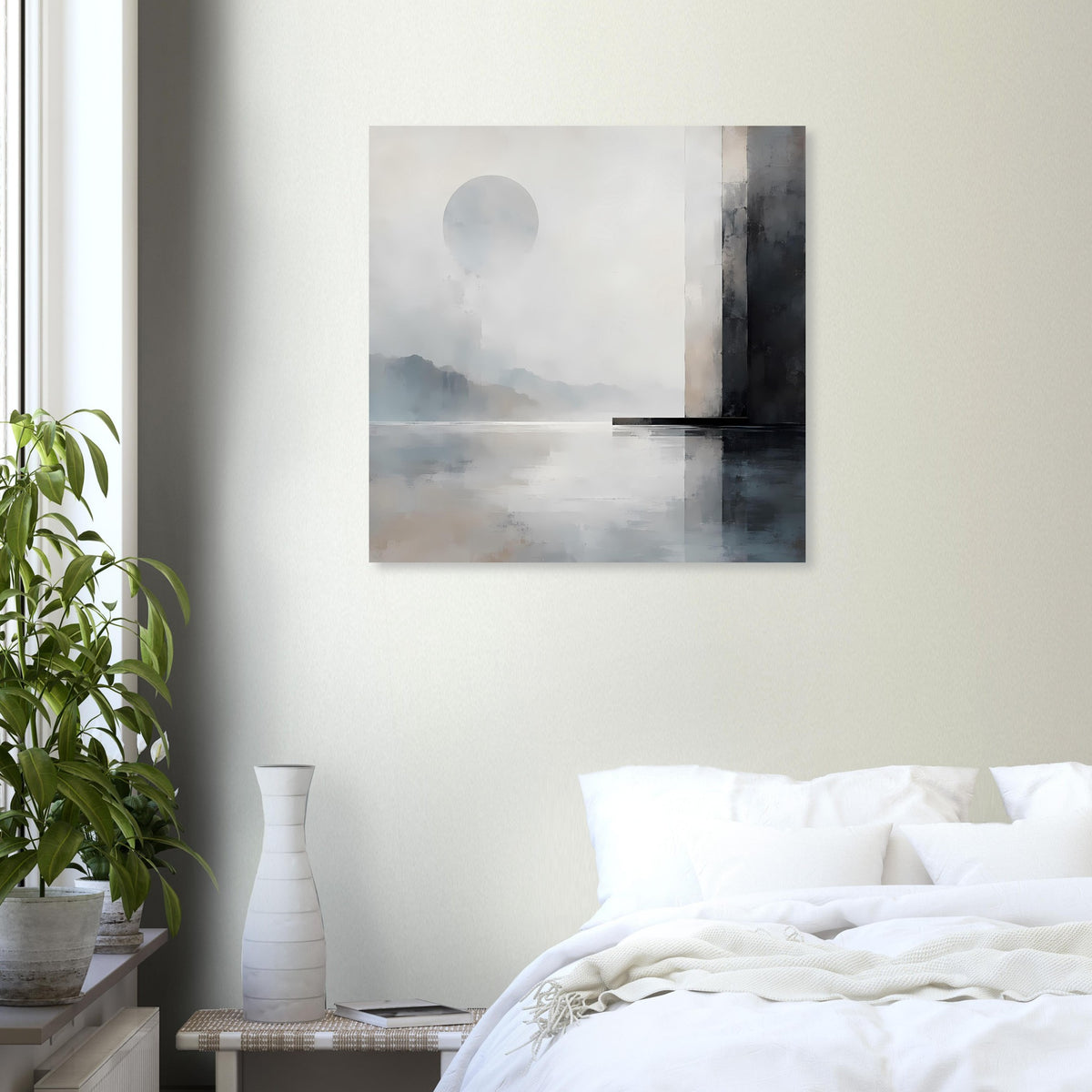 Abstraktes Quadrat-Poster: Horizontnebel, heller Kreis (Mond) und dunkle vertikale Fläche