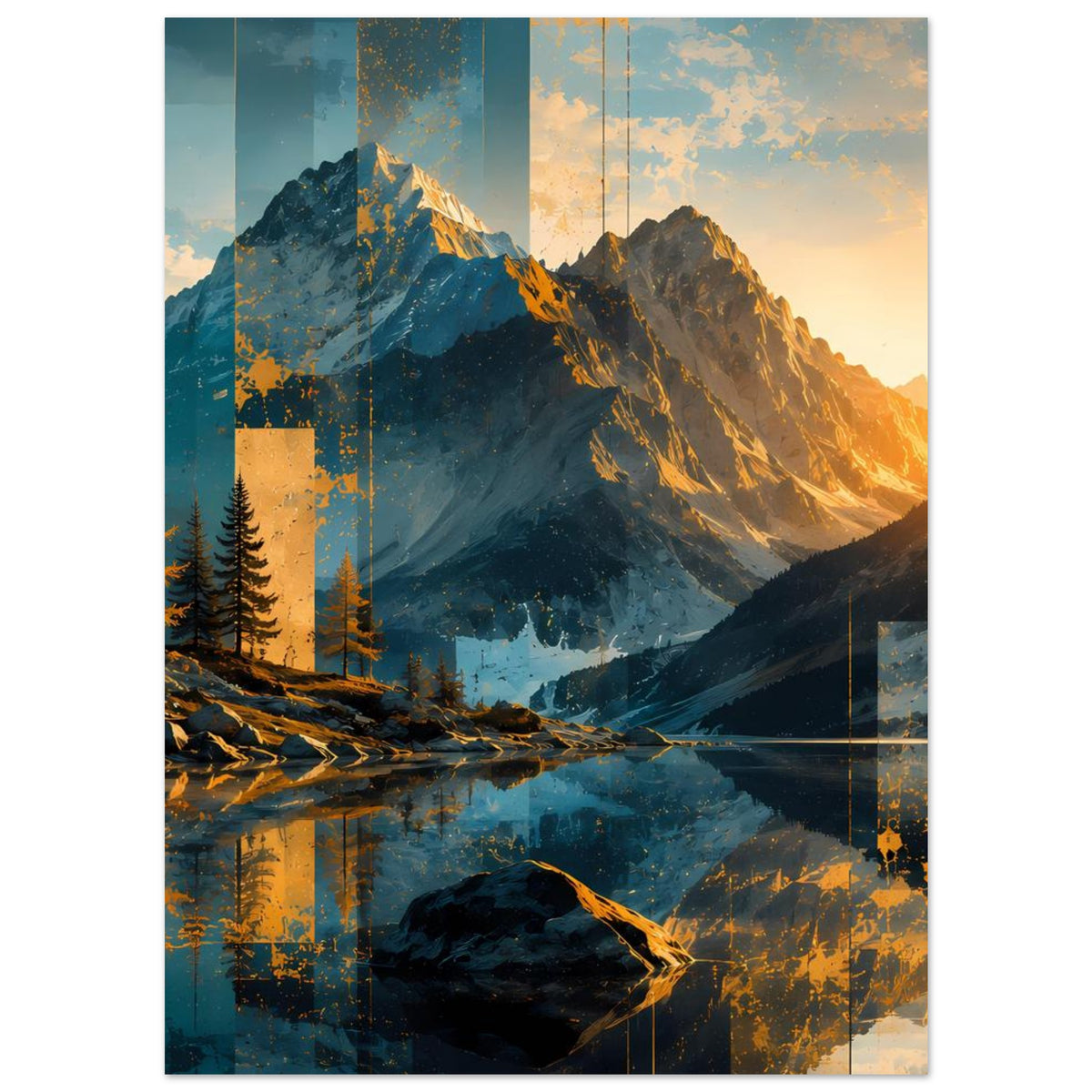 Poster mit abstrakter Berglandschaft, Wasser im Vordergrund, goldene Farbakzente.