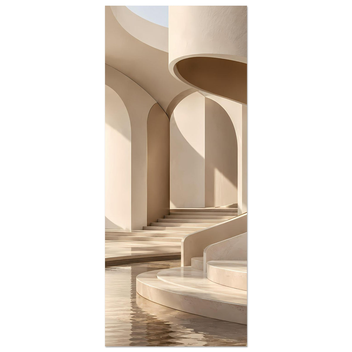 Vertikales Poster: Marmorarchitektur mit Rundbögen, Treppe und Teilansicht von Steinbank