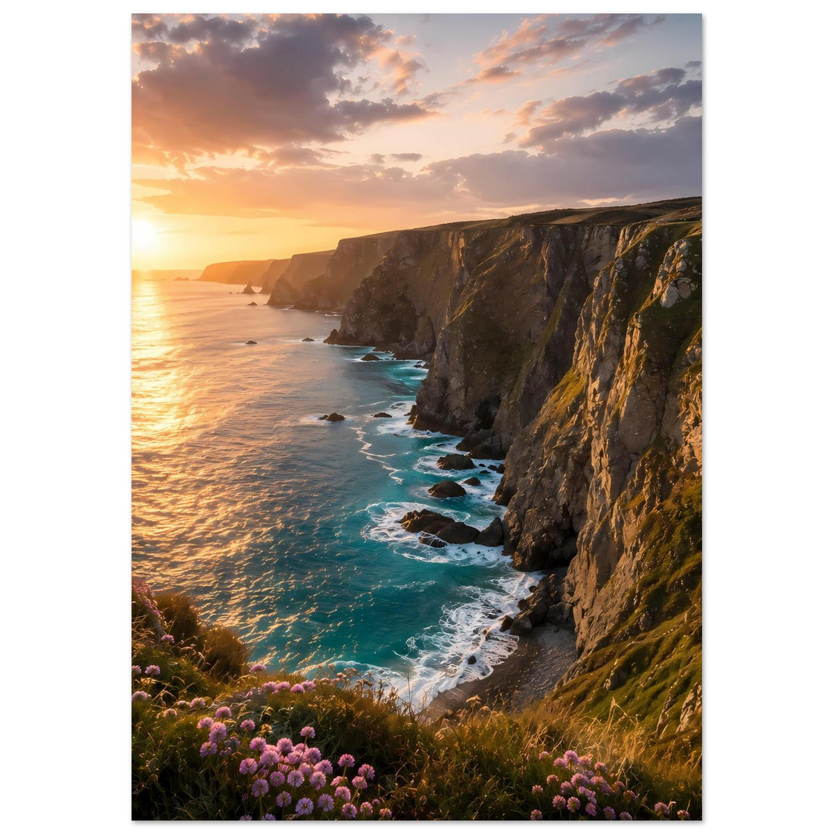 Hochformat-Poster mit Küstenklippe, Meer und Sonnenuntergang über zerklüfteter Küste