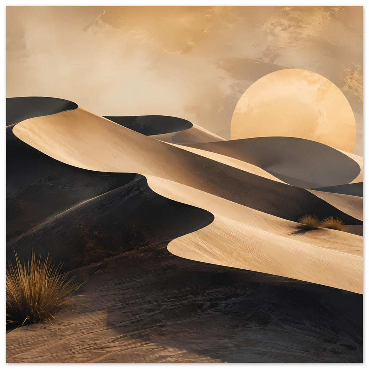 Wüstenposter mit goldenen Dünen, dunklen Sandmulden und hellem Mond im Hintergrund