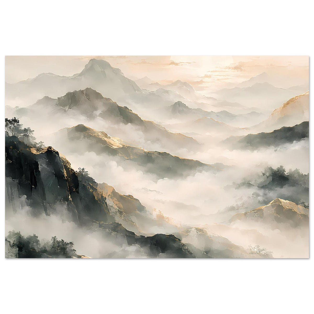 Bergpanorama-Poster, horizontal: weite Landschaft mit Nebel und warmen Lichtakzenten