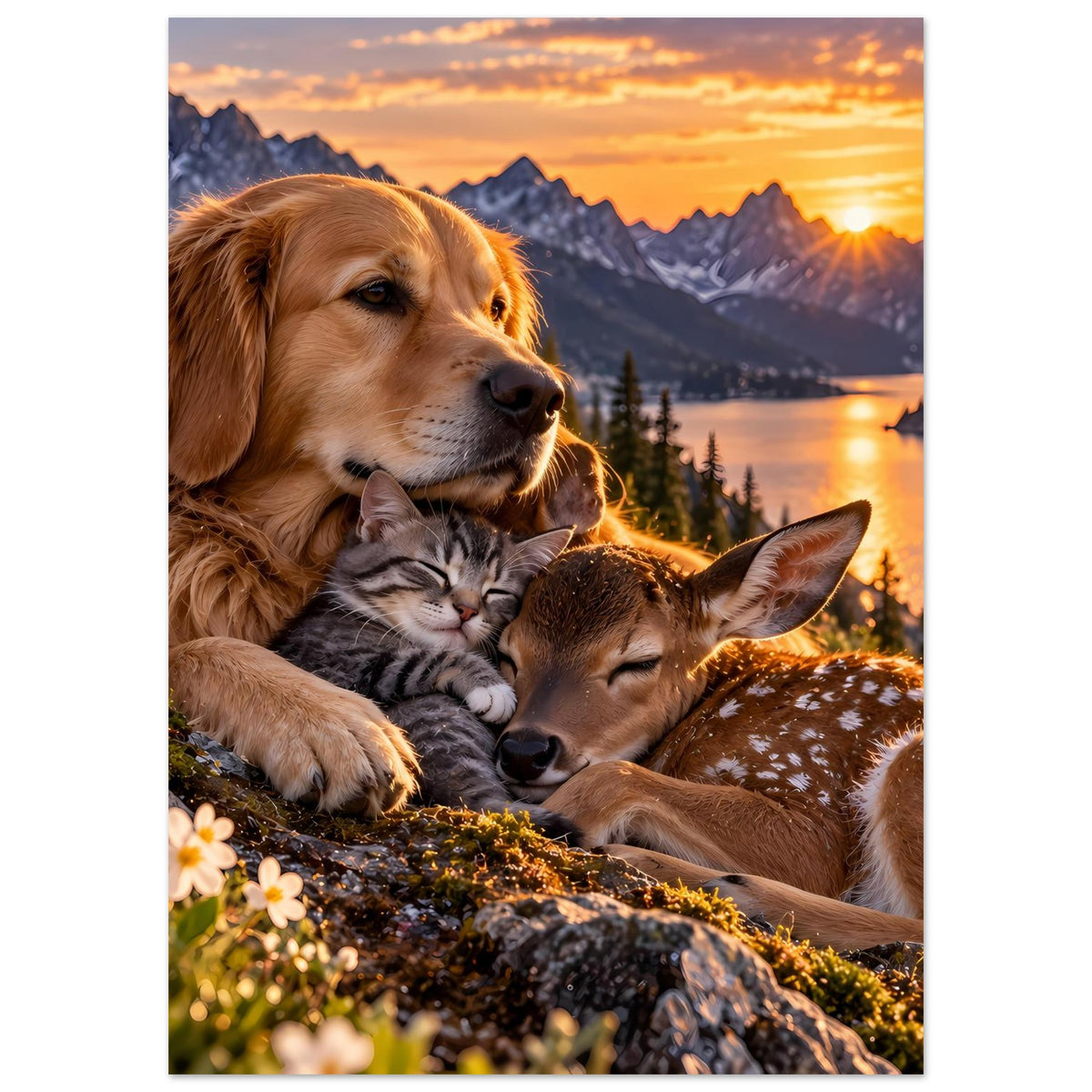 Poster mit goldenem Hund und Katze, Reh im Vordergrund, Sonnenuntergang mit Sonne