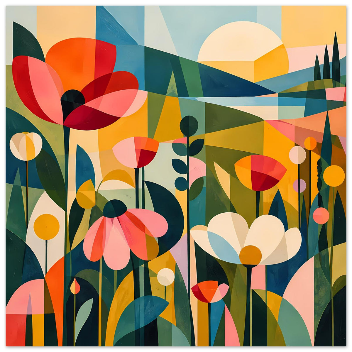 Abstraktes Blumenposter mit bunten Blüten, Kreisen und warmen Himmelflächen, frontal