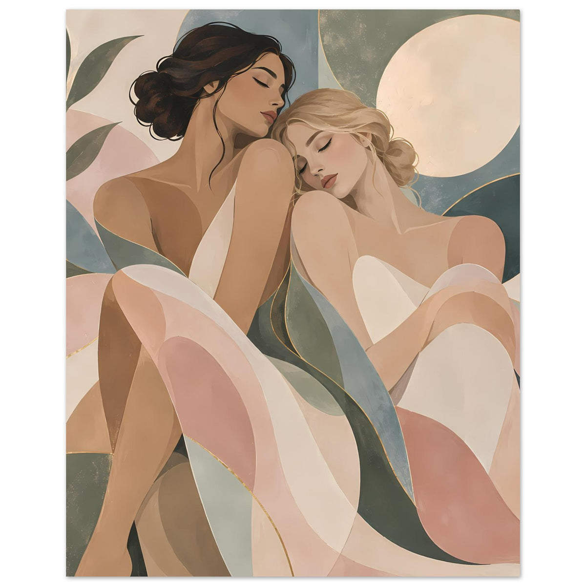 Poster mit Art‑Nouveau‑Motiv: zwei Frauen im Profil, zarte Pastellfarben, goldene Linien und Bögen