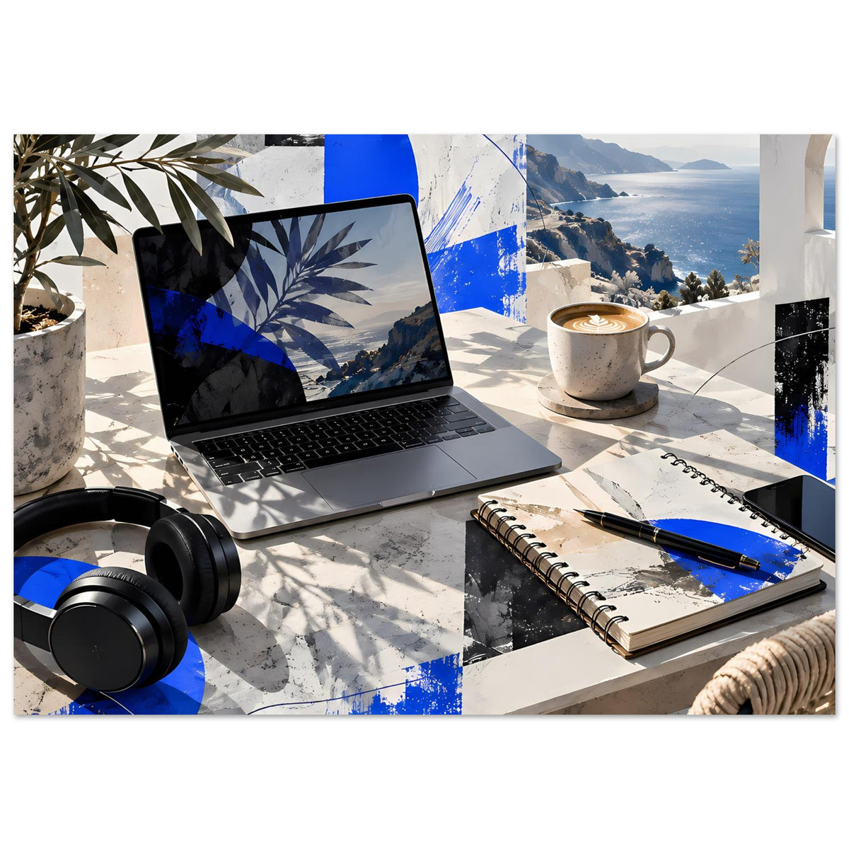 Poster mit Küstenszene: Laptop, Kaffeetasse, Notizblock, Kopfhörer und blaues abstraktes Element