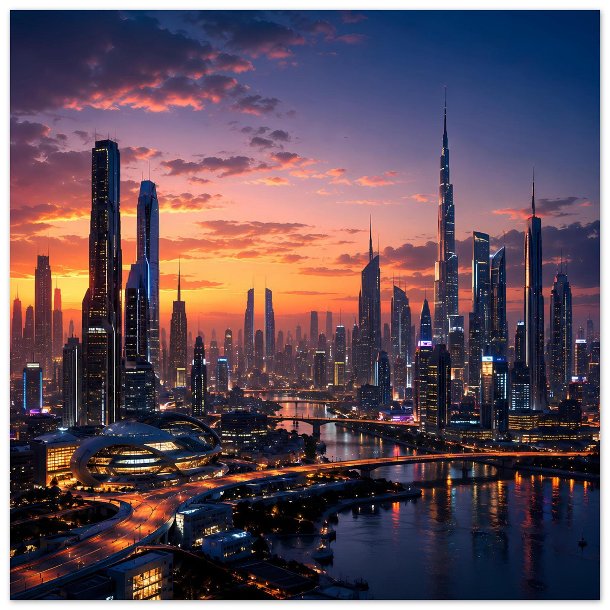 Poster im Hochformat mit Stadt-Skyline bei Sonnenuntergang, Fluss und hoher Turm im Zentrum.