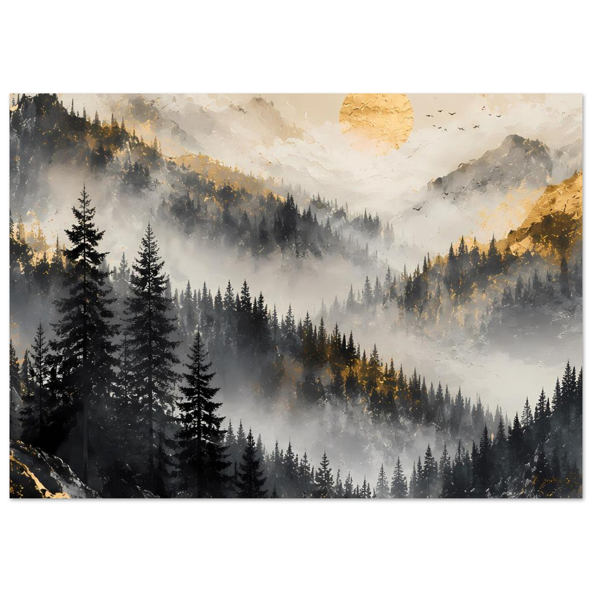 Querformat-Poster mit Berglandschaft: Tannen im Nebel, goldener Sonnenkreis, Berge mit Felsriffen