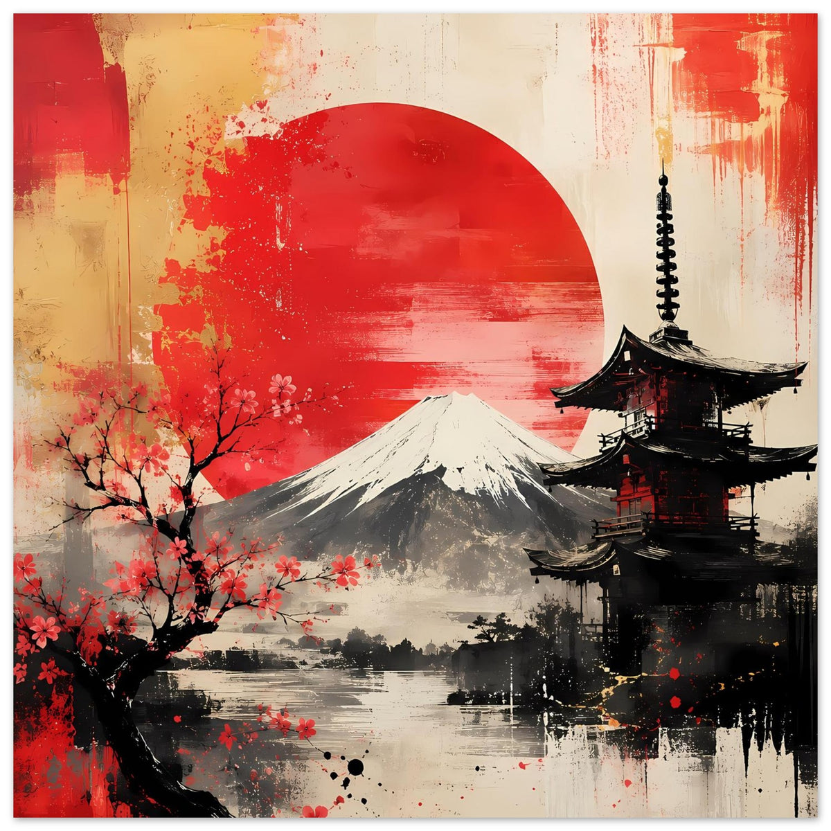 Poster-Detailansicht: Fuji-Gipfel, rote Halbsonne, Pagode und Kirschblütenzweig