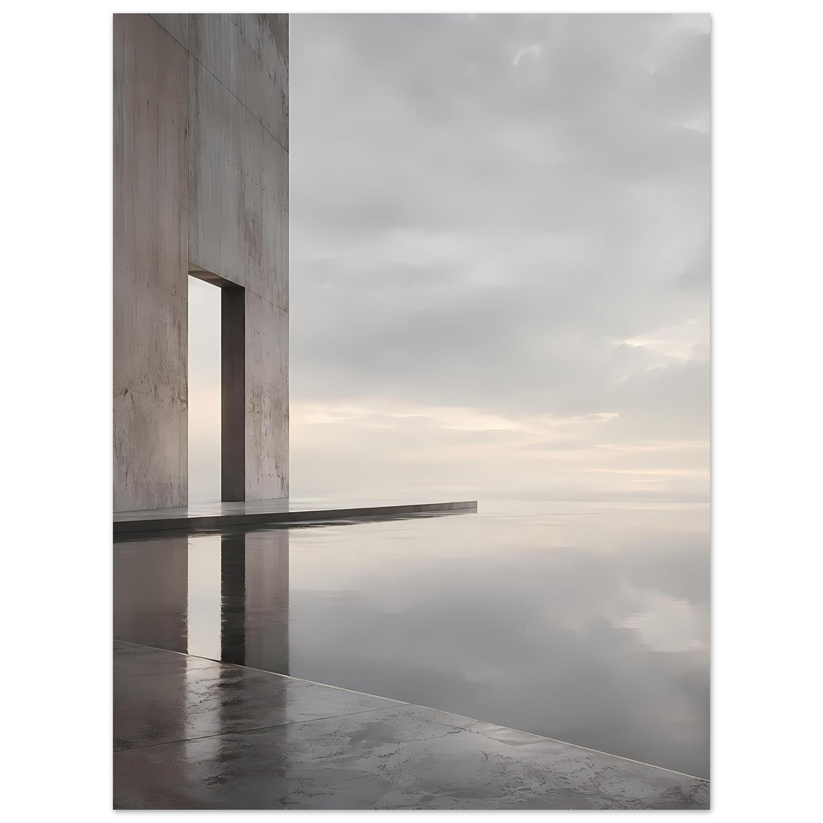 Architektur-Poster im Hochformat: helle Betonsäule links, Spiegelung über dunklem Boden