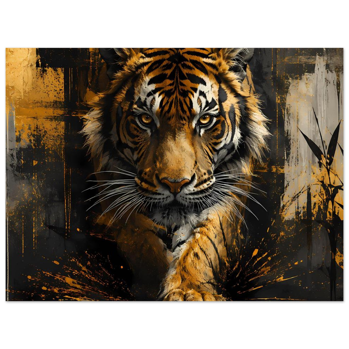 Tiger-Poster im Querformat, Fokus auf Kopf und Tatze, warme goldbraune Fellfarben, düster