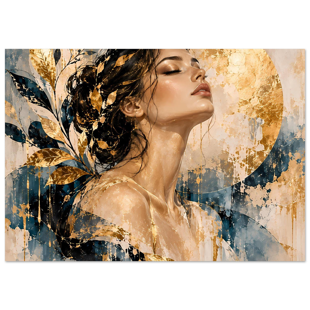 Kunstposter mit stilisiertem Frauenporträt, goldenen Akzenten und blau-goldem Farbverlauf