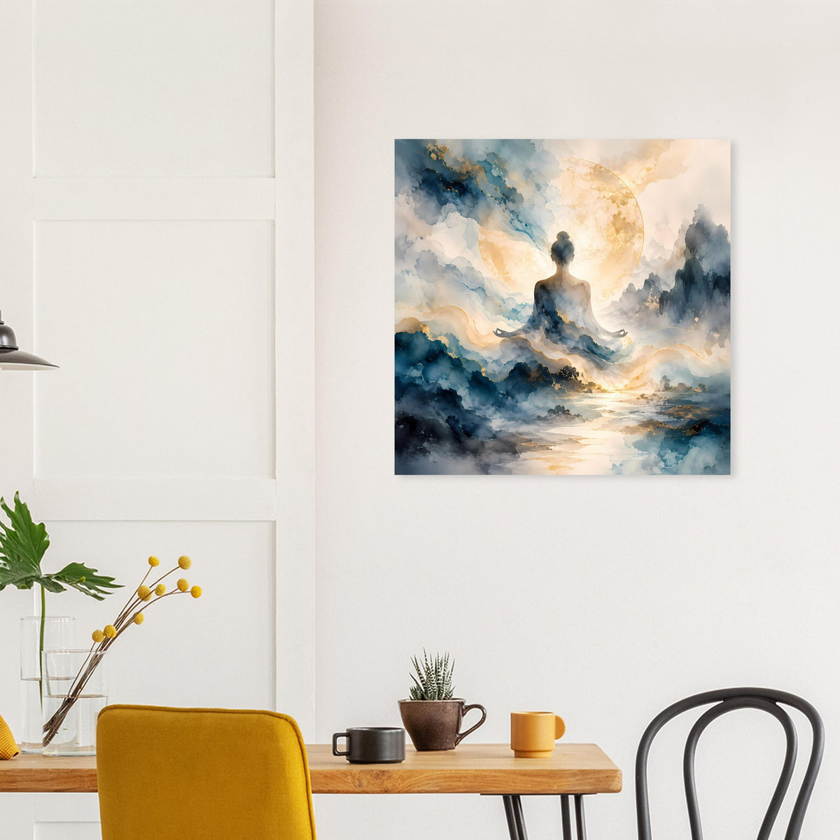 Quadratisches Poster mit Meditationsfigur im blauen Wolkenmeer und goldenem Halbkreis