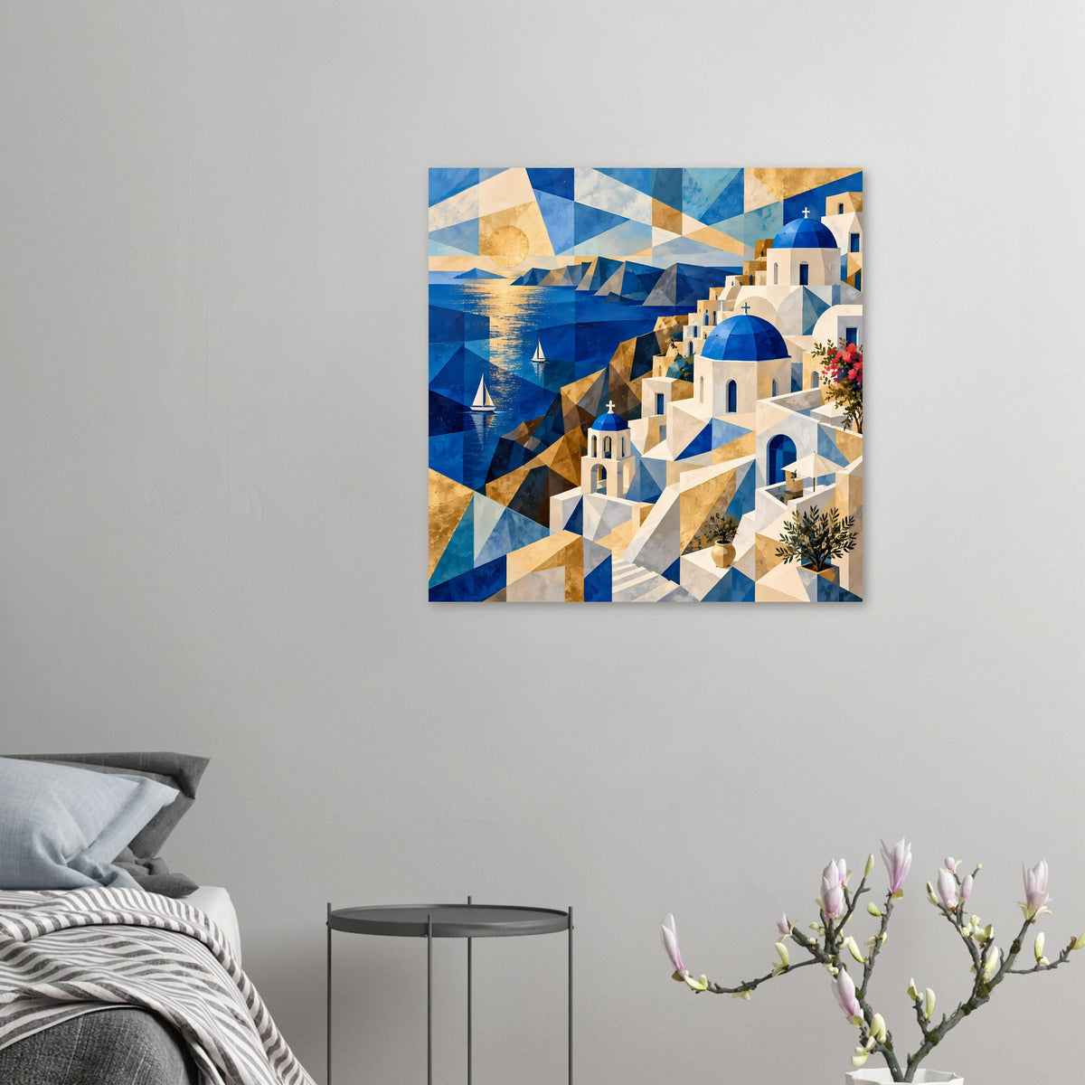 Geometrisches Poster klein am Wandhintergrund: blaue Küste mit Kuppelbauten und Segelbooten
