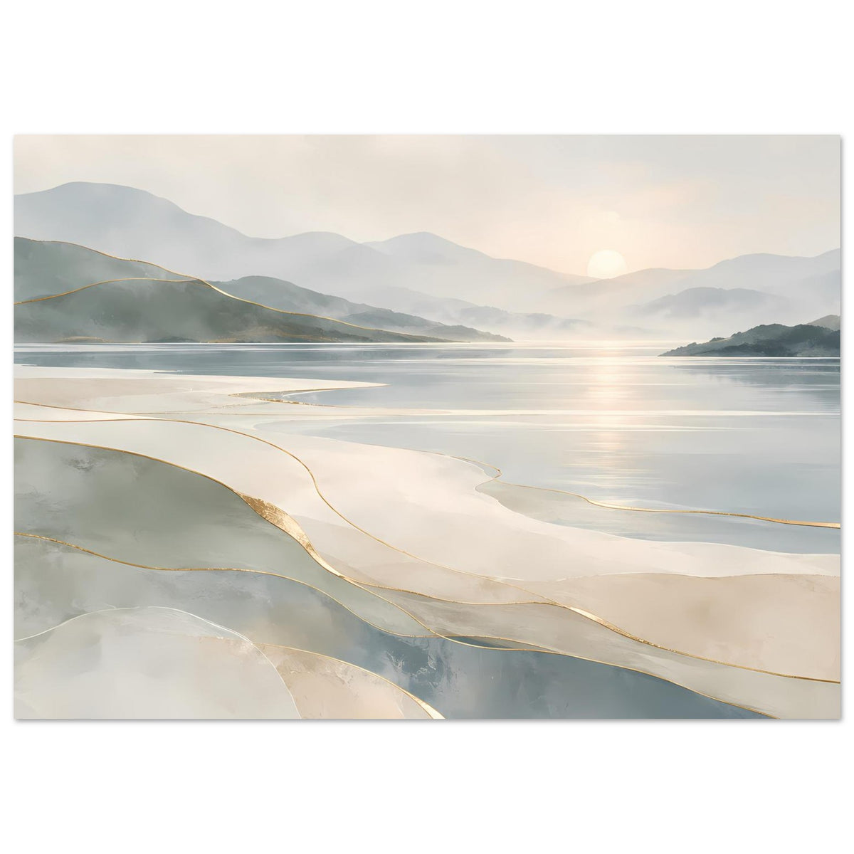 Poster mit Küstenlandschaft, pastellfarbene Berge und Wasser in Beige-Grau, goldfarbig
