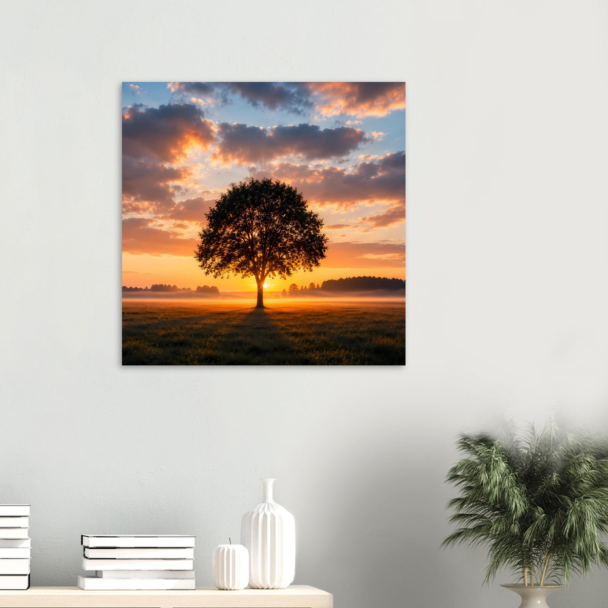 Kleines gerahmtes Baum-Poster: einzelner Baum bei Sonnenuntergang über Feldern